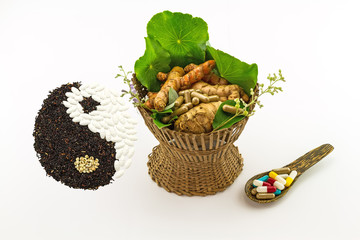 Assorted of herbal in brown bamboo basket and colorful pills in wooden spoon and black rice and white pill forming a yin yang symbol indicate blending of herb and medicine on white background