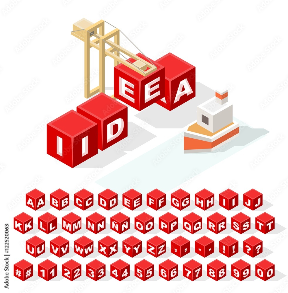 Poster set of isometric latin alphabet letters with numbers and isolated creative red block word 