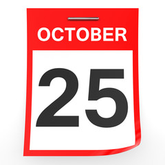 October 25. Calendar on white background.