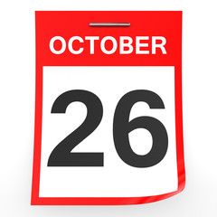 October 26. Calendar on white background.