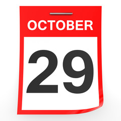 October 29. Calendar on white background.