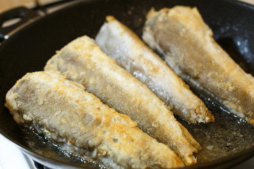 Fried hake fish fillet in a frying pan