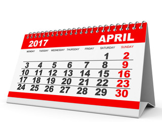Calendar April 2017 on white background.