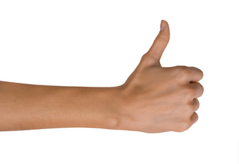 Isolated Empty open woman female hand in a Thumb Up position on a white background