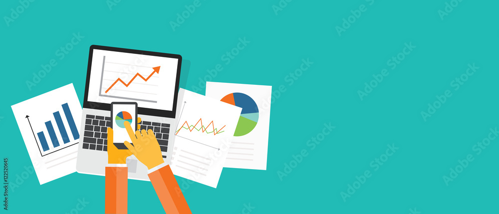 Poster flat vector business investment and finance banner concept and paper graph report