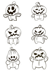 Halloween pumpkin. set of six black and white drawings. for coloring. pie illustration