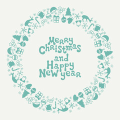 Merry Christmas and Happy New Year lettering greeting card 2017. Christmas season hand drawn pattern. Vector illustration. Doodle style. Decorations. Winter holiday backgrounds for design. Frame