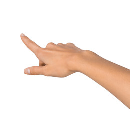 Isolated Empty open woman female hand in a pointing position on a white background