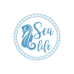 Sea life lettering design with sea horse isolated on white. Vector illustration