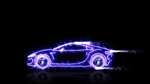 Abstract animation of blue futuristic super car made with light beam wireframes on black isolated futuristic background. 