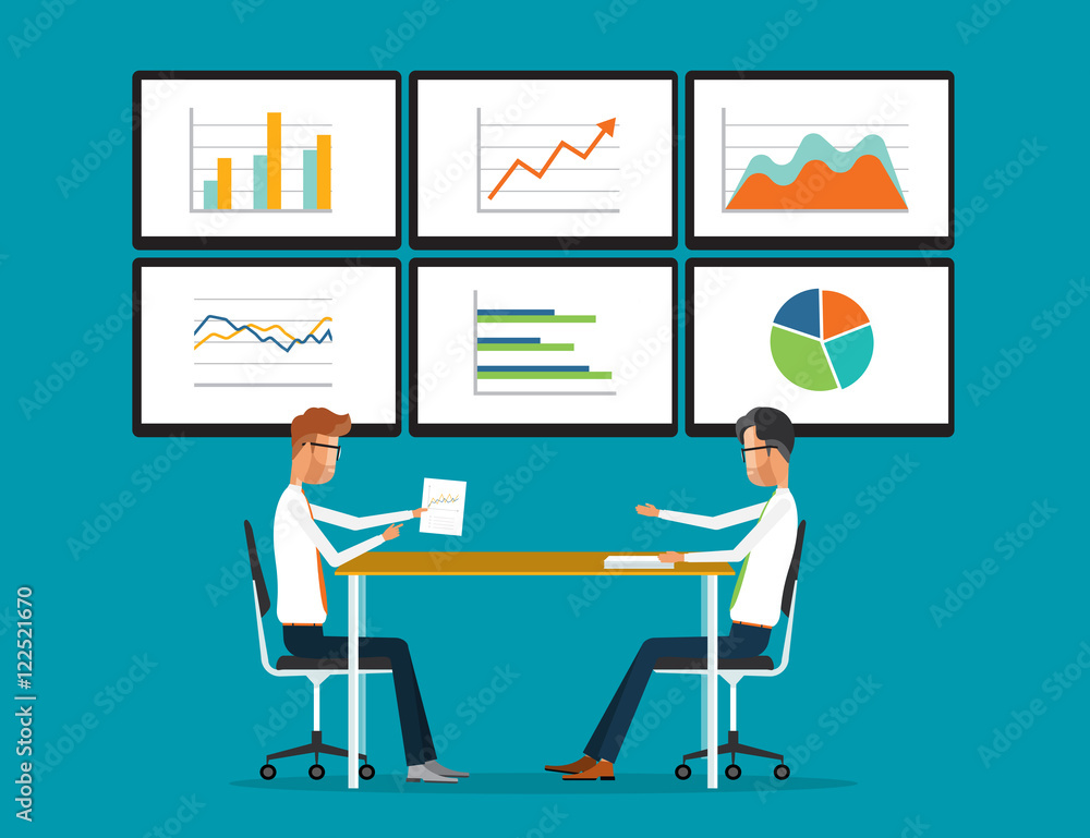Poster flat vector two business people analytics graph report on monitor dashboard and business working concept