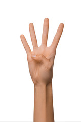 Fototapeta premium Isolated Empty open woman female hand in a position of number Four on a white background