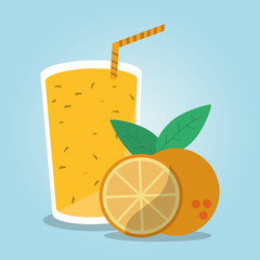 Smoothie drink and orange fruit. Summer fresh and organic theme. Colorful design. Vector illustration