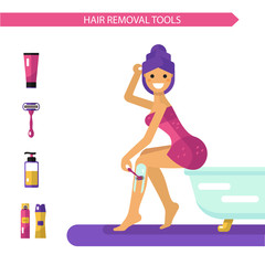 Vector flat design illustration of epilation or depilation procedure. Beautiful smiling girl in towels depilating legs with razor. Shaving foam and gel bottles, cream icons.