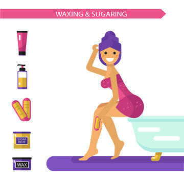 Vector flat design illustration of epilation or depilation procedure. Beautiful smiling girl in towels depilating legs with wax or sugar strips. Bottles sugaring, cream icons.