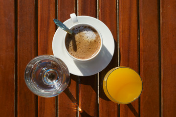 cup of coffee, water and juice