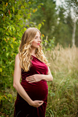 Fototapeta premium Portrait of a young beautiful pregnant woman with long blond hair in a burgundy velvet dress