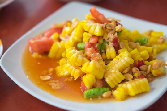 Famous Thai food, papaya salad with corn it call, Selective focu