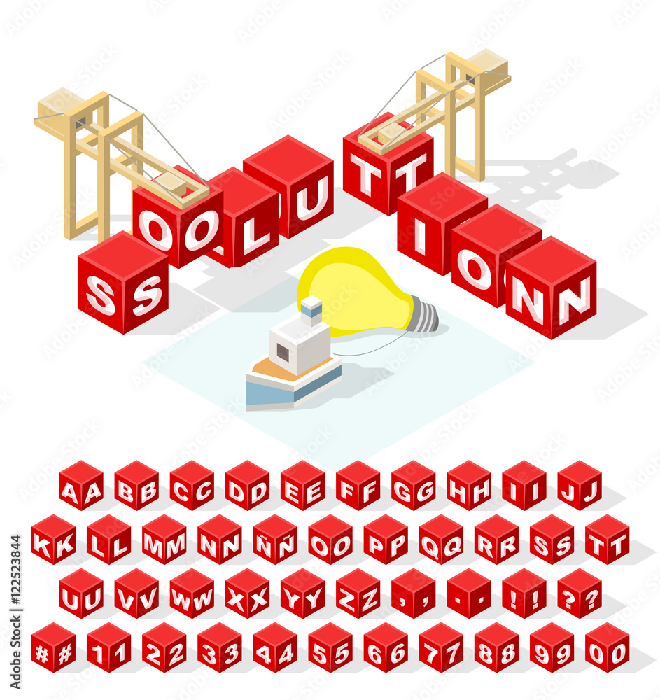 Poster set of isometric latin alphabet letters with numbers and isolated creative red block word 
