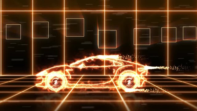 Abstract animation of a futuristic super car made with light beam wireframes on city background scene. Automobile car and aerodynamic car motion design engineering technology