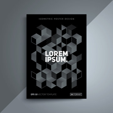 Brochure cover design. Monochrome isometric illustration. A4 format template for business card,poster,flyer etc.