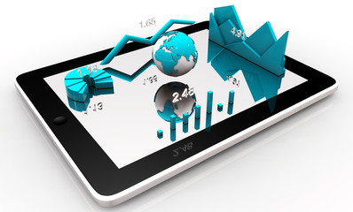Modern financial instruments (graphs, charts and Earth globe) on a tablet screen. 3d rendering