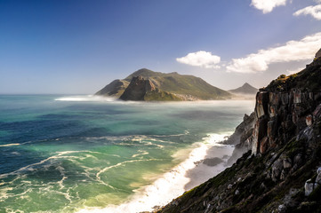Hout Bay near Cape Town, Western Cape province, South Africa, seen from Chapman's Peak Drive. The mountain in the center is called 