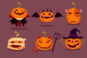 set of halloween pumpkins in halloween character costumes