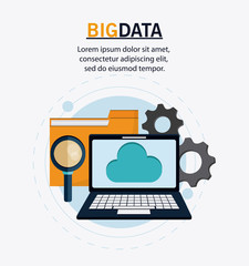 Laptop cloud gears lupe and file icon. Big data center base and web hosting theme. Colorful design. Vector illustration