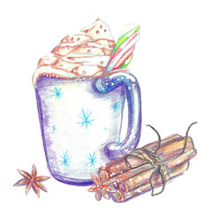Watercolor crayons Christmas background. Big mug of hot chocolate with cream and marshmallows. Spices. Cinnamon stickers and cardamom. Isolated on white.