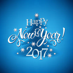 Happy New Year 2017 sign on blue background. Calligraphy text, poster template. Vector