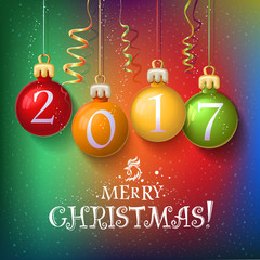 Merry Christmas 2017 decoration poster card. New Year background  with garlands, streamer and snowflakes. Year symbol, the fire cock. Vector design. Christmas balls with numbers