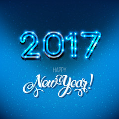 New Year 2017 design. Vector neon figures with lights. Greeting card background. Merry Christmas.