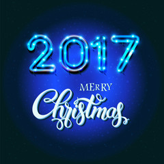 Merry Christmas 2017 sign on blue background with neon figures. Calligraphy text, poster template. Vector