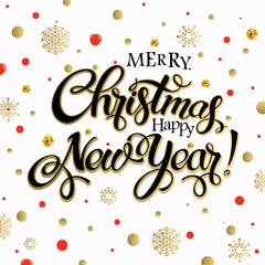 Merry Christmas and happy new year 2017. Vector lettering on white background whit snowflake and red, gold dots on poster. Isolate font golden decor.