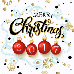 Merry Christmas 2017 poster. Calligraphy text, on the background of Christmas tree branches and snowflakes, winter theme template. Vector