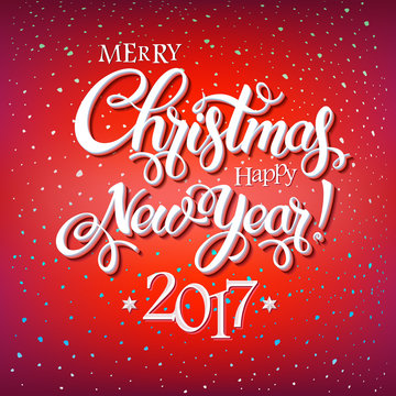 Merry Christmas and Happy New Year 2017 sign on reg background with snowflakes. Calligraphy text, poster template. Vector