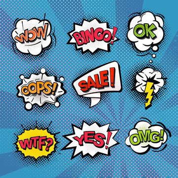 Speech and explosion bubbles on blue background with rays, comics background, symbols and sign crash, bingo, sale, oops. Vector isolate.
