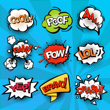 Speech and explosion bubbles on blue background with rays, comics background, symbols and sign crash, bravo, cool, lol. Vector isolate.