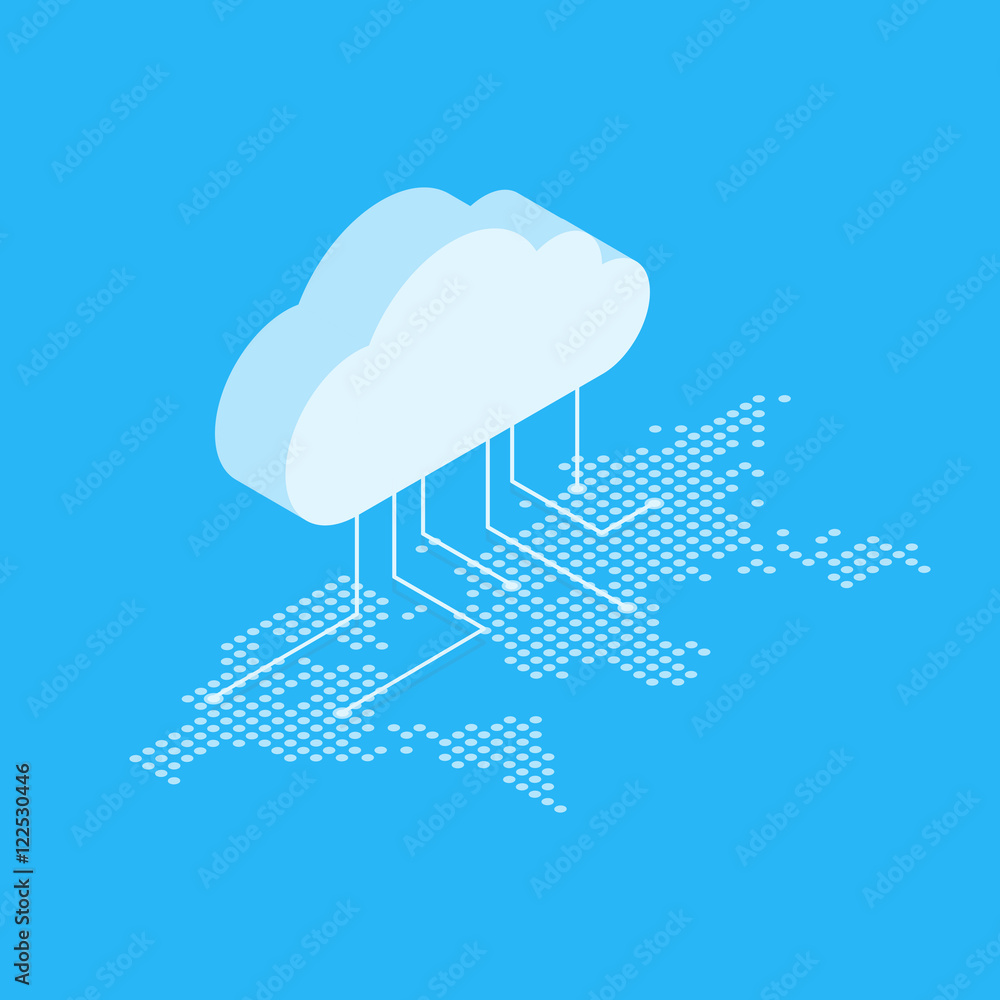 Poster isometric vector illustration showing the concept of cloud computing. from the cloud in the world ma