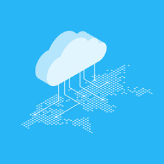 Isometric vector illustration showing the concept of cloud computing. From the cloud in the world map