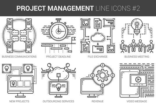 Project management line icon set.