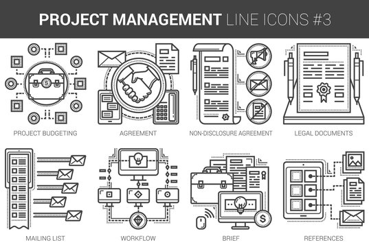 Project management line icon set.