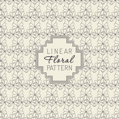 Floral linear pattern and monoline frame. Template with ornamental texture and badge, frame for logo, greeting cards, invitations. Seamless vector background with leaves.