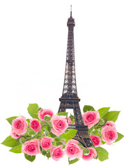 Fototapeta na wymiar Eifel tower isolated over white background with blooming rose flowers. Eiffel Tower from Champ de Mars, Paris, France.