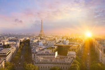 Sunset Eiffel tower and Paris city view form Triumph Arc. Eiffel Tower from Champ de Mars, Paris,...