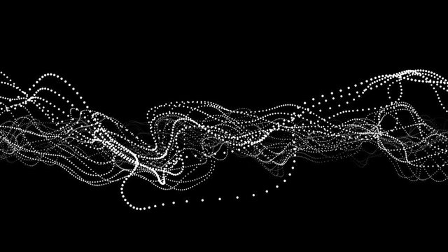 Web of white dots fluctuate on black, 3D animation, seamless