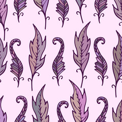 Repeating floral and feather pattern. Seamless texture with leav