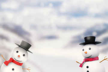 smiling snowman on snow mountain background