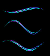 Collection of swoosh waves. Light swirl trail trace effect on black background. Glitter fire spark wave line with flying